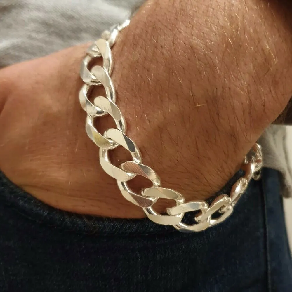 13mm Men's Solid 925 Sterling Silver Wide Cuban Chain Bracelet 9 inch