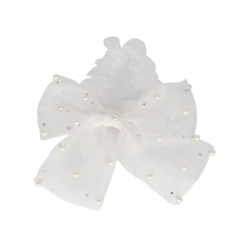 Bari Lynn Tulle Bow Scrunchie with Pearls & Swarovski Crystals - White