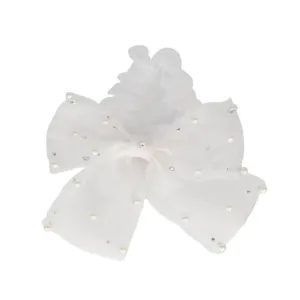 Bari Lynn Tulle Bow Scrunchie with Pearls & Swarovski Crystals - White