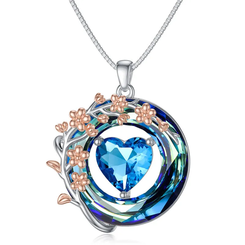 Birth Month Flower Necklace 925 Sterling Silver Flower Pendant Necklace with Blue Circle Crystal Birthday Jewelry