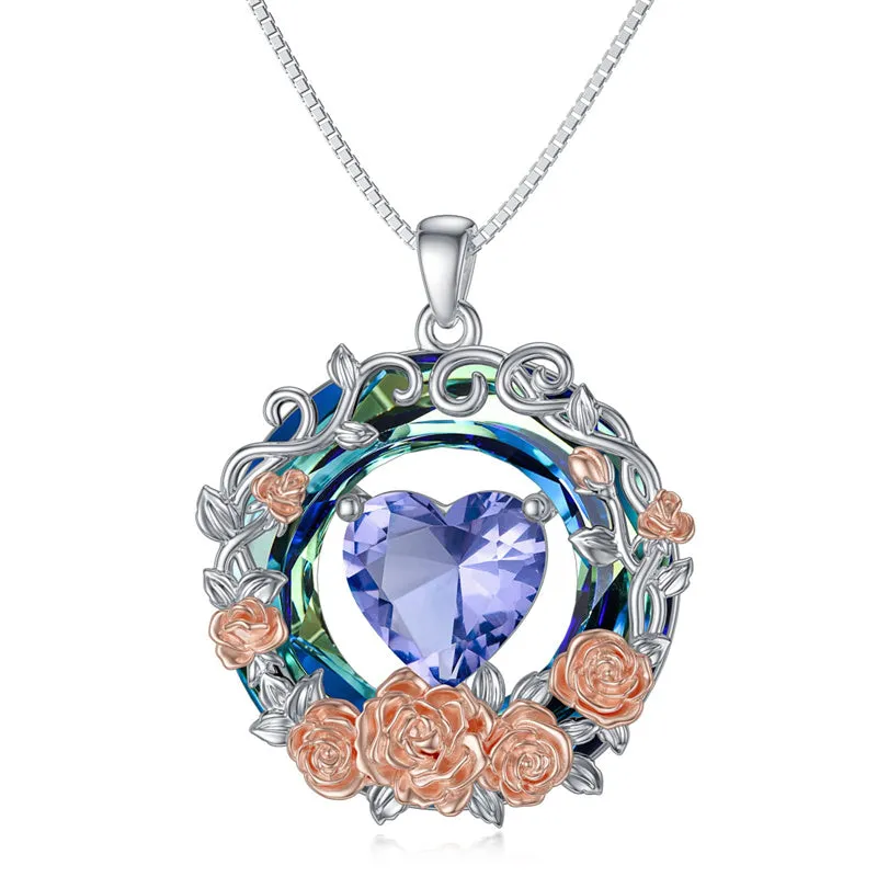 Birth Month Flower Necklace 925 Sterling Silver Flower Pendant Necklace with Blue Circle Crystal Birthday Jewelry