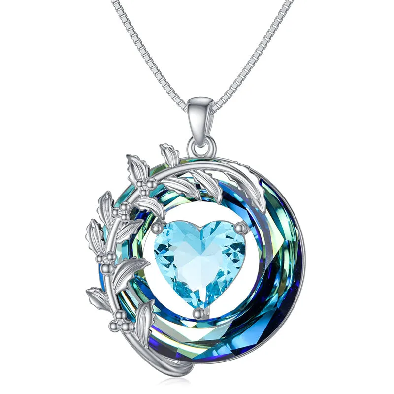 Birth Month Flower Necklace 925 Sterling Silver Flower Pendant Necklace with Blue Circle Crystal Birthday Jewelry