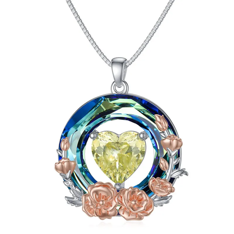 Birth Month Flower Necklace 925 Sterling Silver Flower Pendant Necklace with Blue Circle Crystal Birthday Jewelry