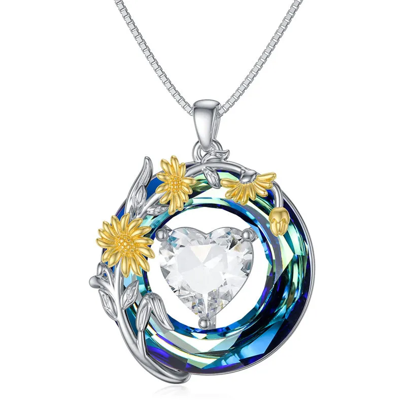 Birth Month Flower Necklace 925 Sterling Silver Flower Pendant Necklace with Blue Circle Crystal Birthday Jewelry