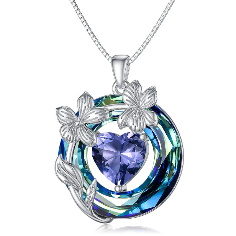 Birth Month Flower Necklace 925 Sterling Silver Flower Pendant Necklace with Blue Circle Crystal Birthday Jewelry