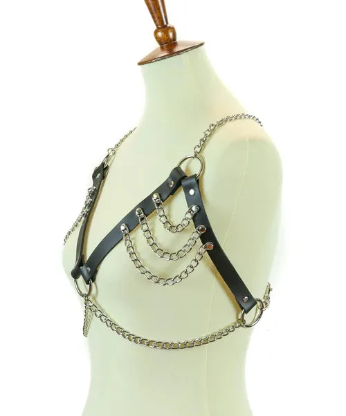 Black Leather Bra Harness w/ Silver Chain Details