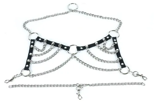 Black Leather Bra Harness w/ Silver Chain Details