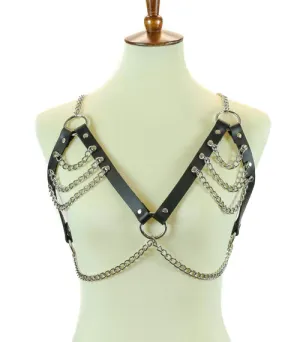 Black Leather Bra Harness w/ Silver Chain Details