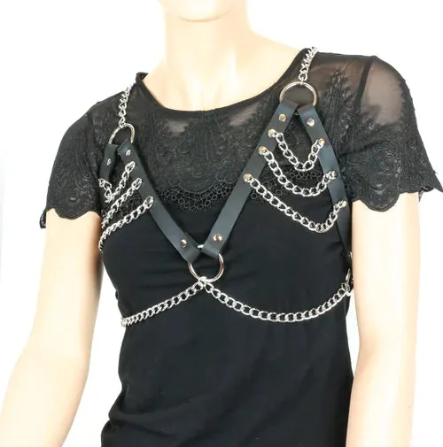 Black Leather Bra Harness w/ Silver Chain Details