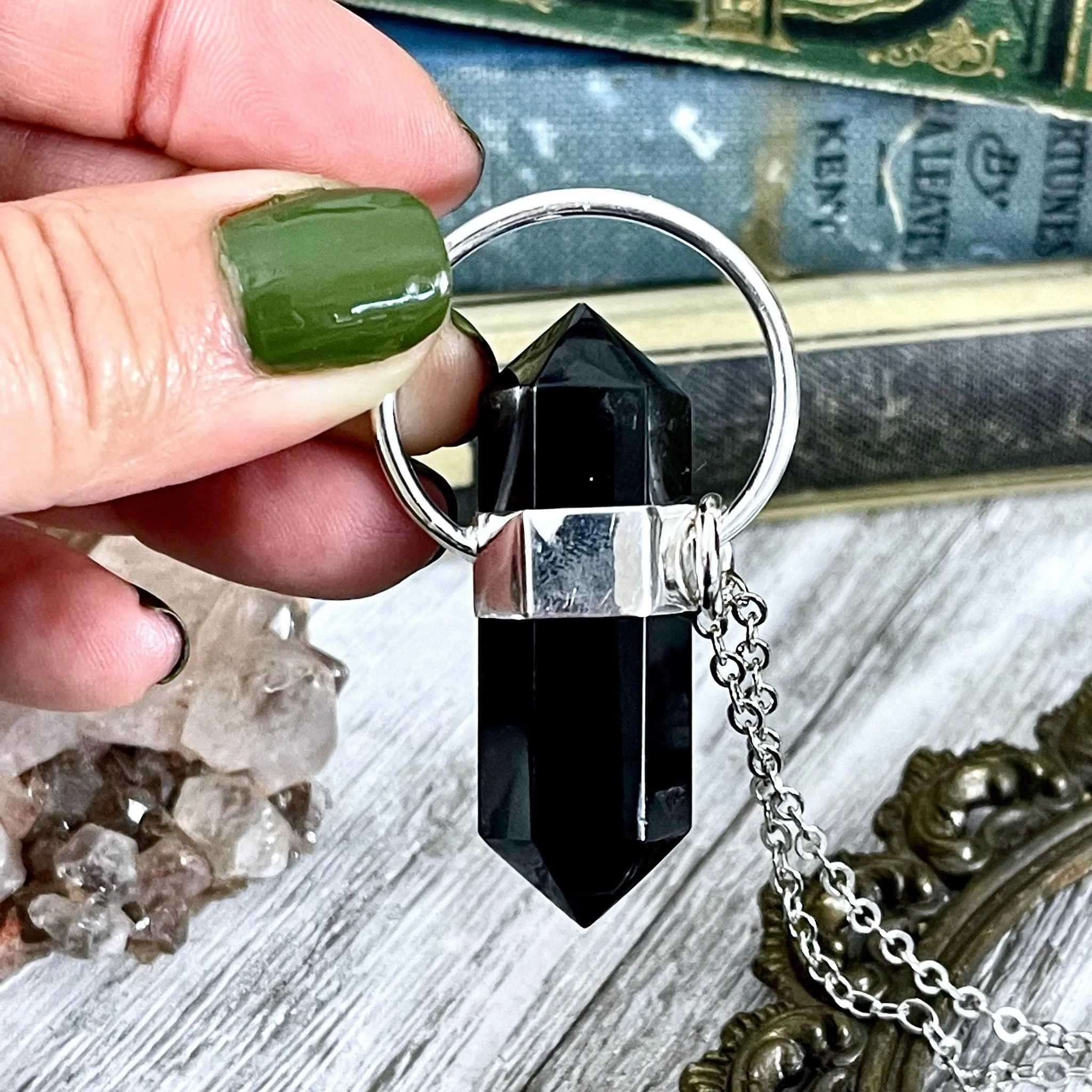 Black Onyx Crystal Point Necklace in Sterling Silver  -Designed by FOXLARK Collection / Witchy Necklace Goth Jewelry