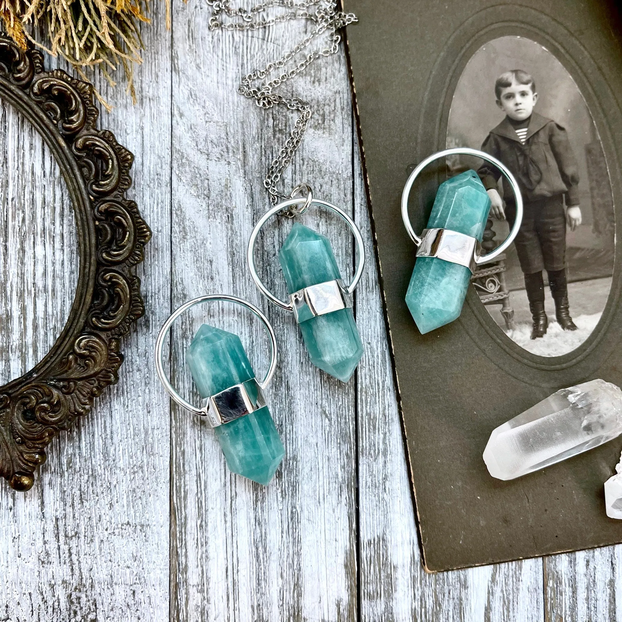 Blue Amazonite Crystal Point Necklace in Sterling Silver  -Designed by FOXLARK Collection