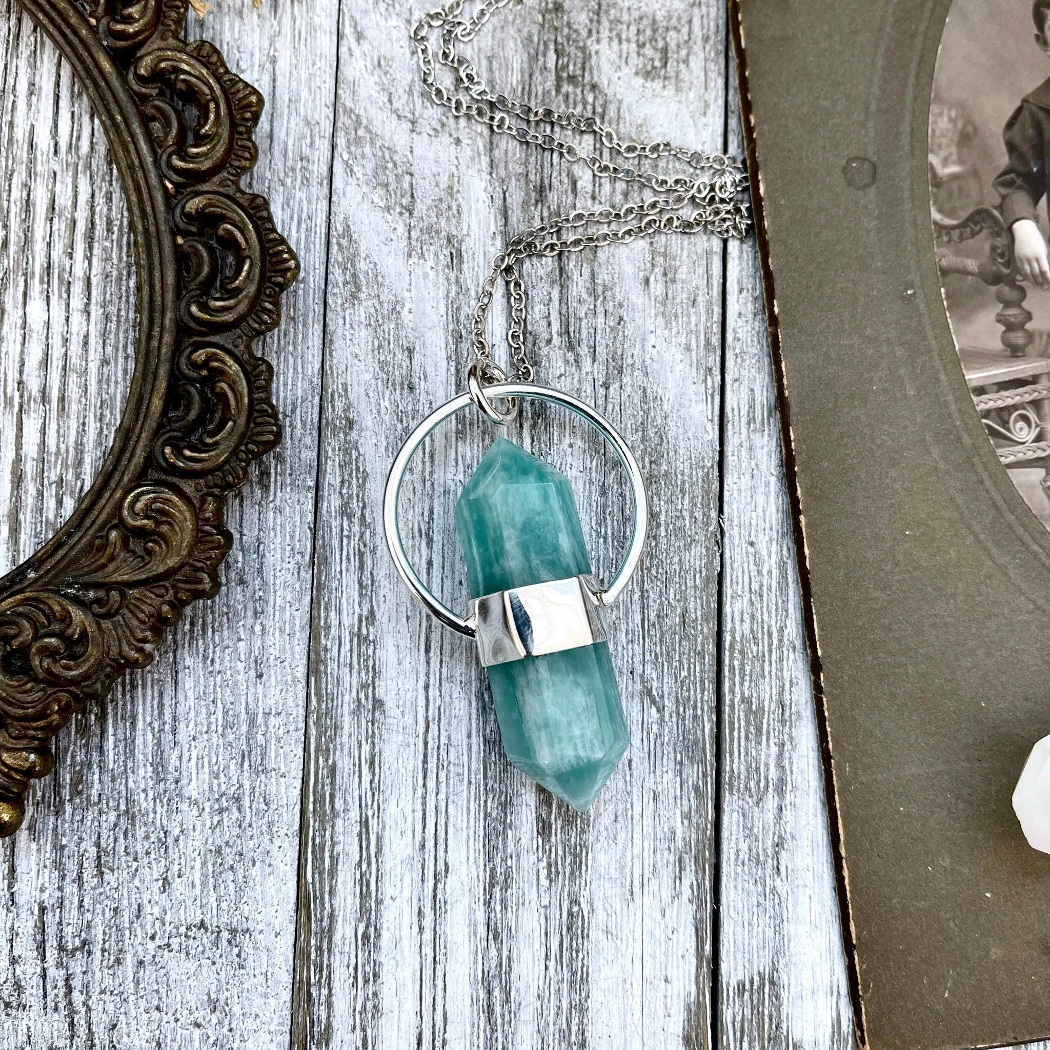 Blue Amazonite Crystal Point Necklace in Sterling Silver  -Designed by FOXLARK Collection