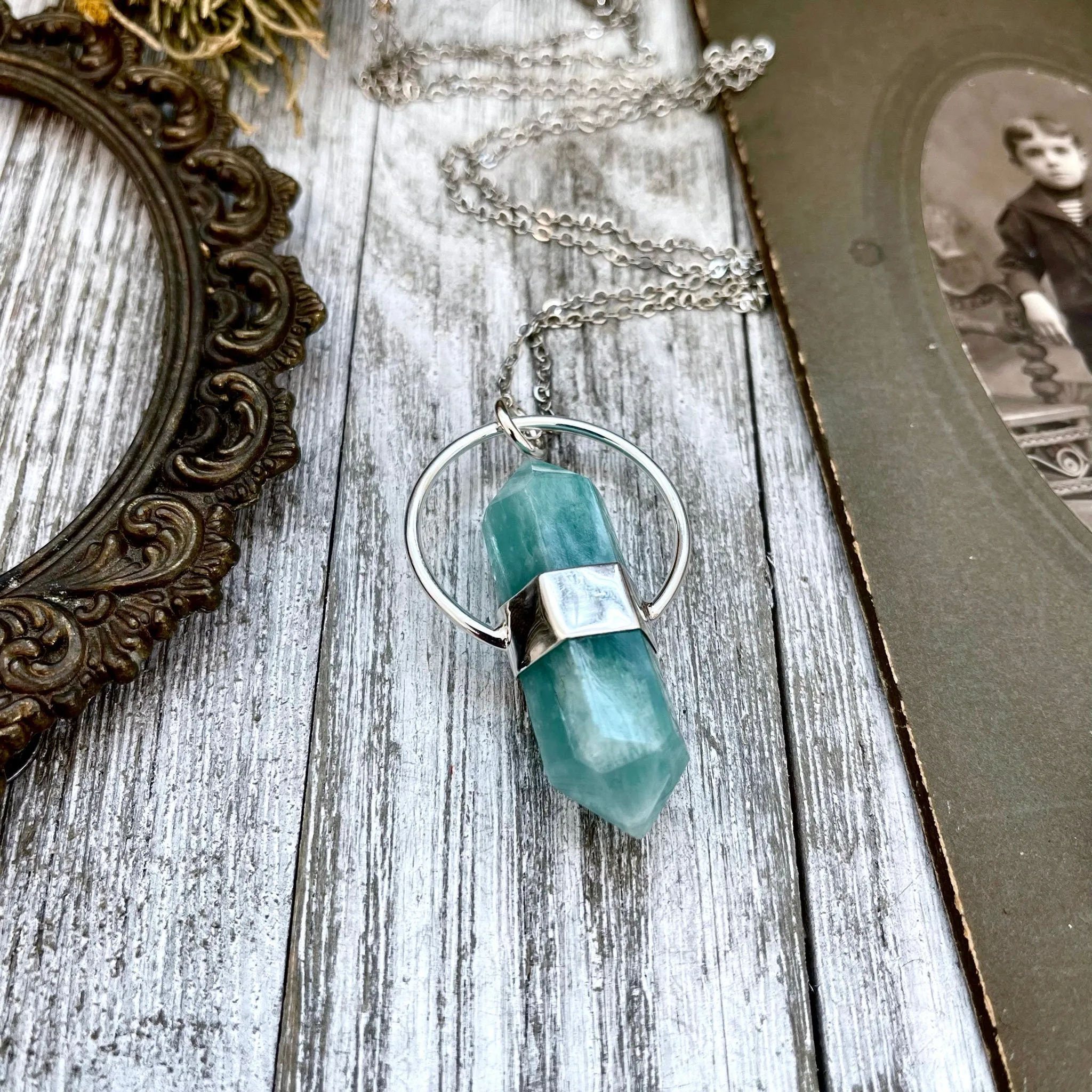 Blue Amazonite Crystal Point Necklace in Sterling Silver  -Designed by FOXLARK Collection