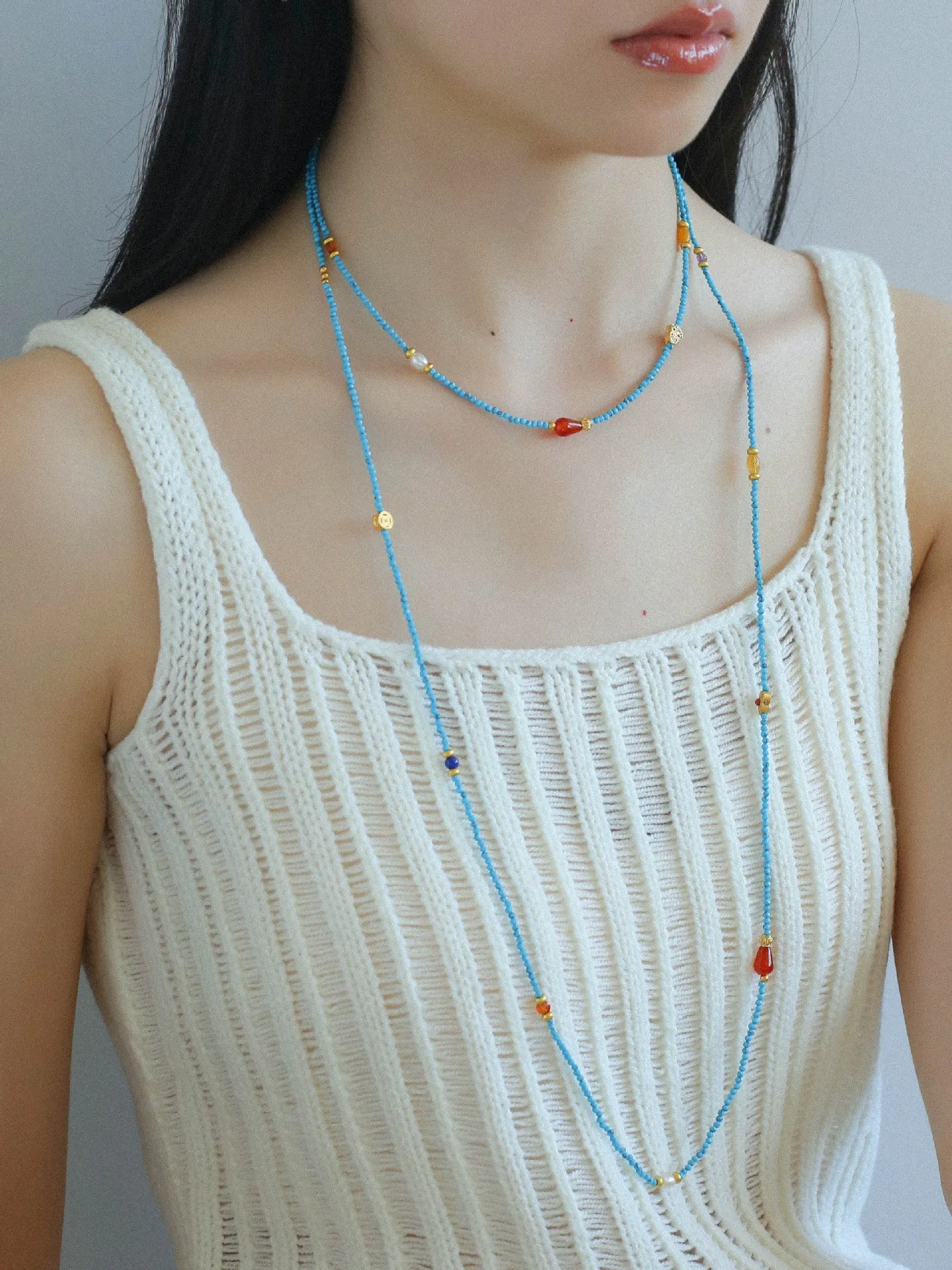 Blue Turquoise Red Onyx Multi-element Beaded Necklace