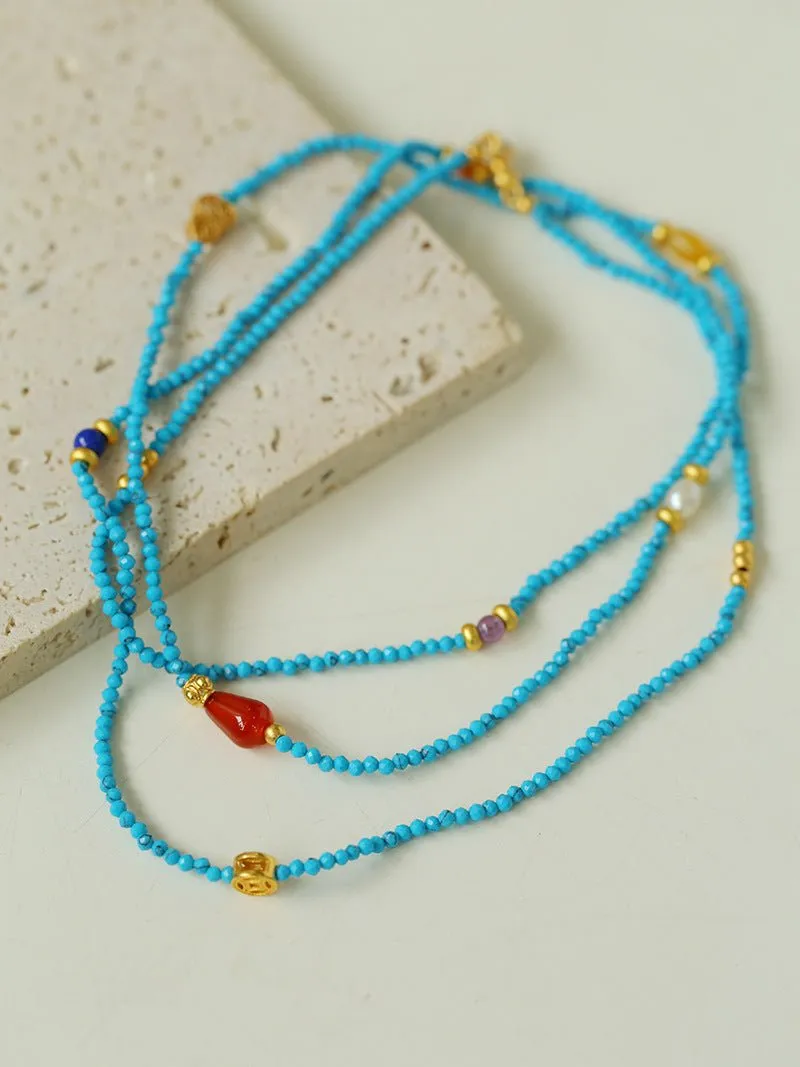 Blue Turquoise Red Onyx Multi-element Beaded Necklace