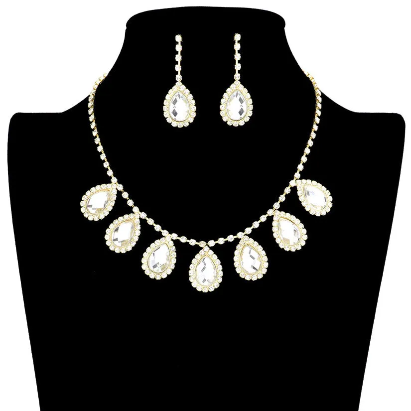 Crystal Rhinestone Teardrop Station Necklace Earring Set