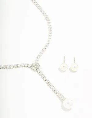 Cubic Zirconia & Pearl Drop Necklace & Earrings Set