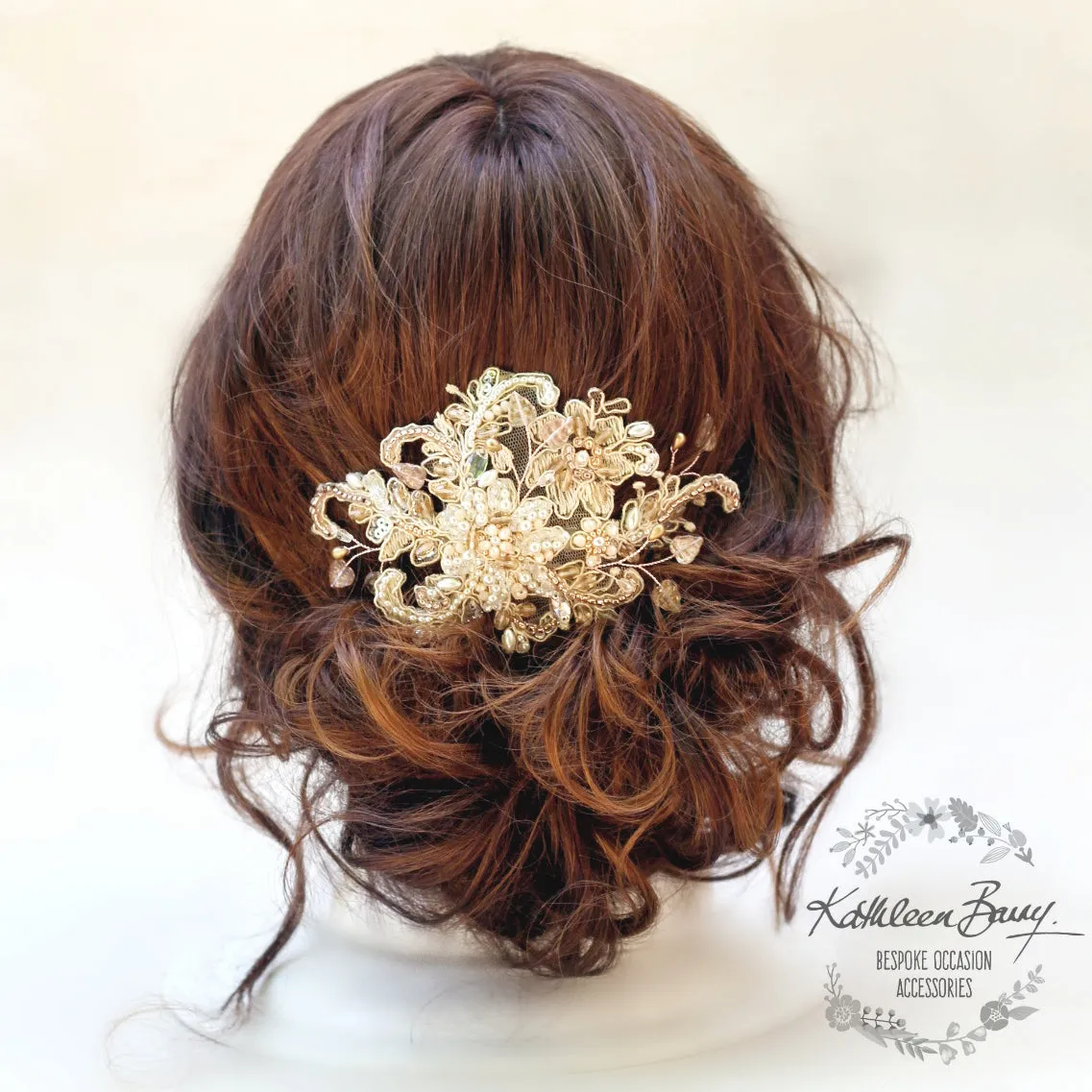 Elsibe lace hairpiece - veil accessory Rose gold or silver, Crystal, pearl in ivory champagne tones