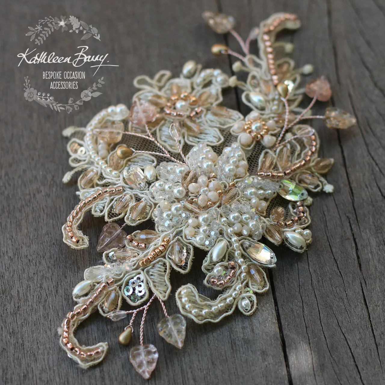 Elsibe lace hairpiece - veil accessory Rose gold or silver, Crystal, pearl in ivory champagne tones