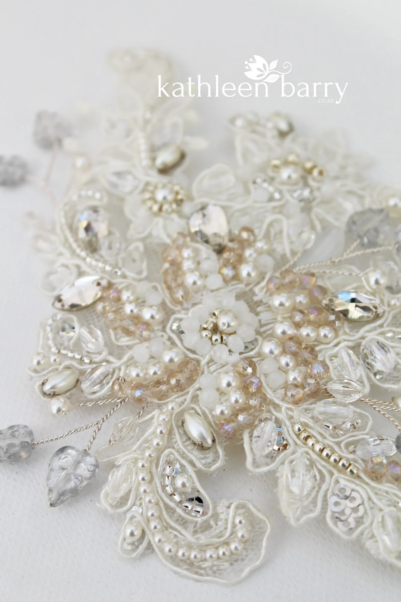 Elsibe lace hairpiece - veil accessory Rose gold or silver, Crystal, pearl in ivory champagne tones