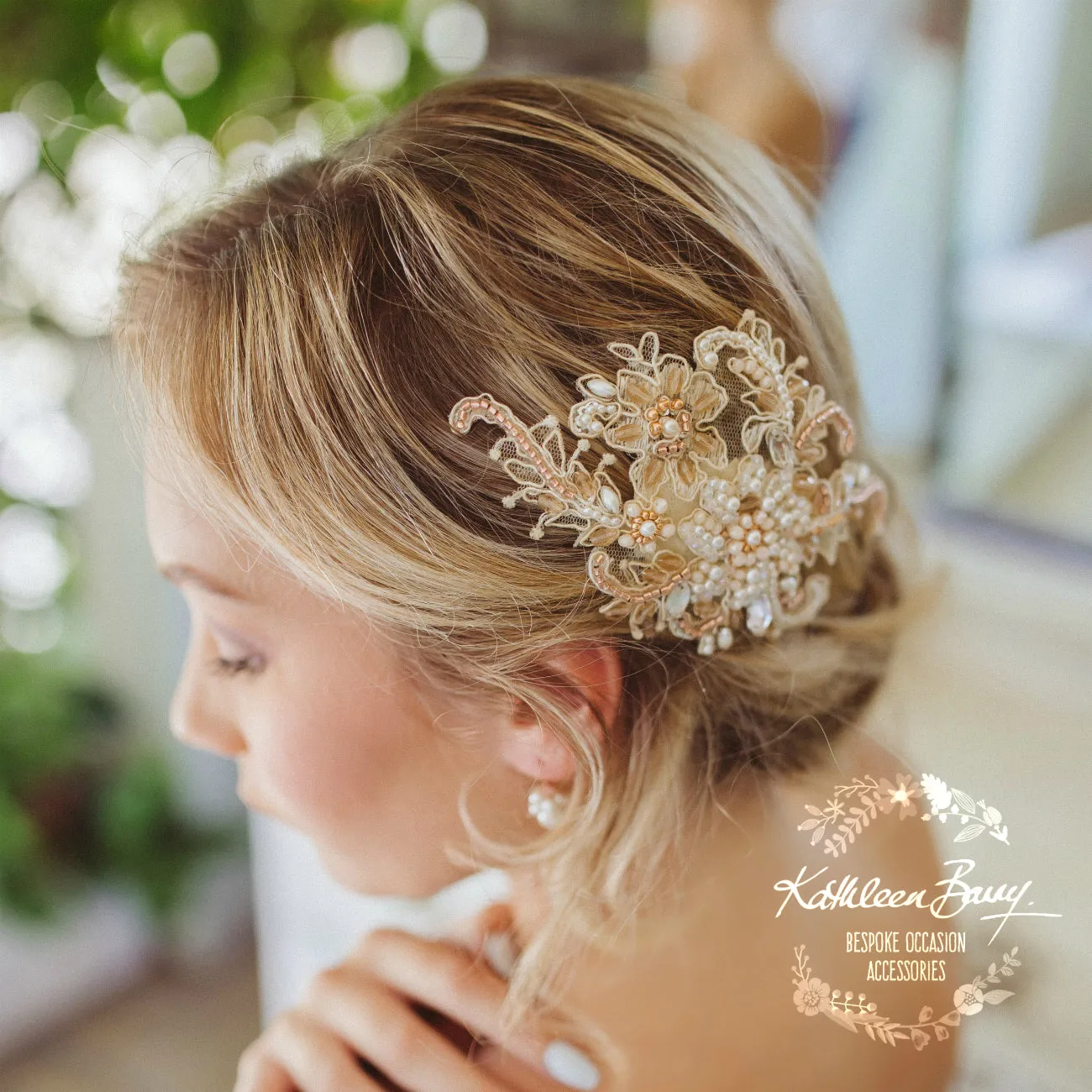 Elsibe lace hairpiece - veil accessory Rose gold or silver, Crystal, pearl in ivory champagne tones