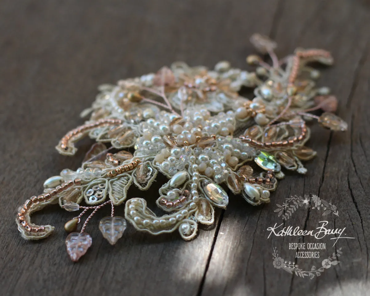 Elsibe lace hairpiece - veil accessory Rose gold or silver, Crystal, pearl in ivory champagne tones