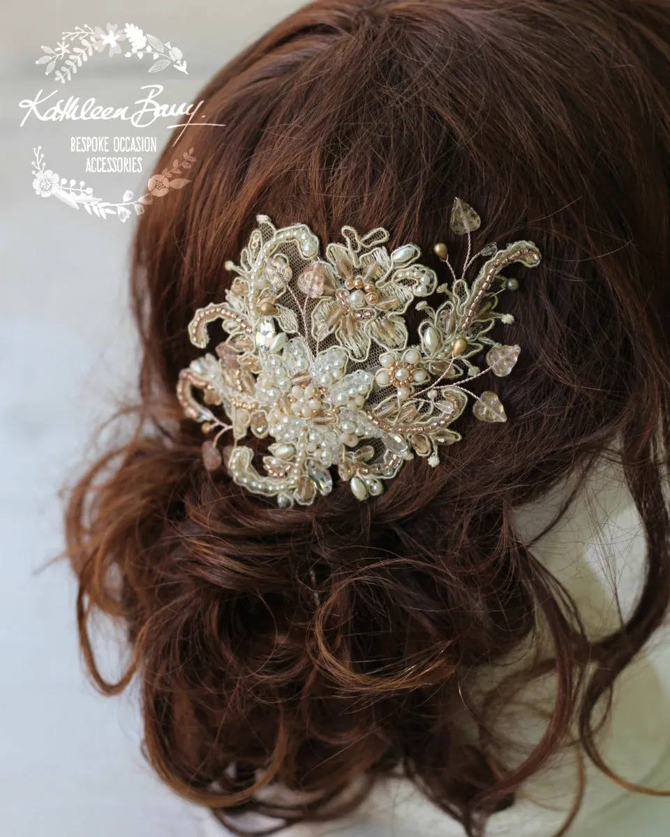 Elsibe lace hairpiece - veil accessory Rose gold or silver, Crystal, pearl in ivory champagne tones