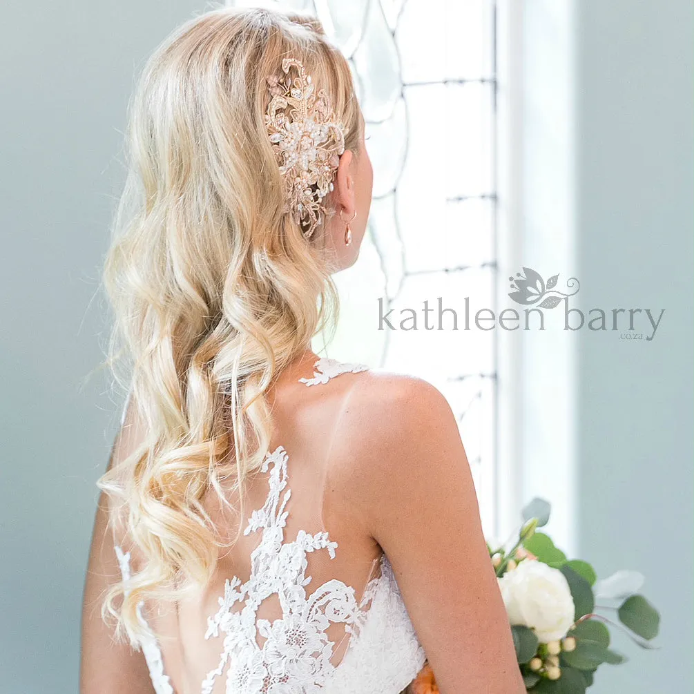 Elsibe lace hairpiece - veil accessory Rose gold or silver, Crystal, pearl in ivory champagne tones