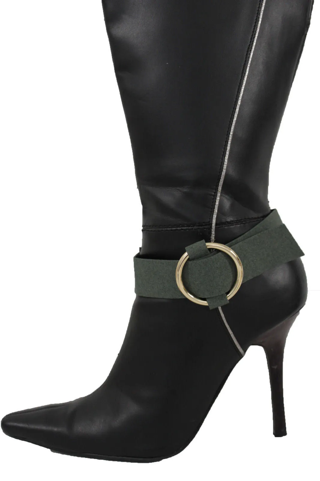 Faux Leather Fabric Strap Shoe Bling Gold Ring Buckle Hot Sexy Boot Bracelet