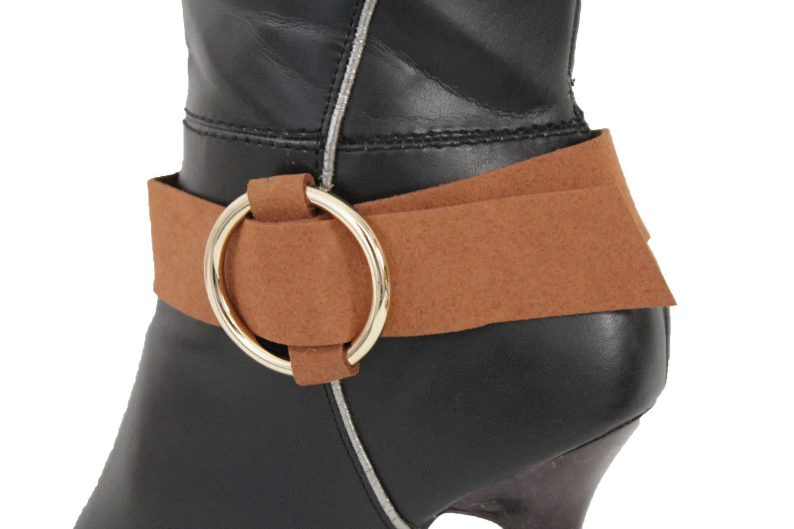 Faux Leather Fabric Strap Shoe Bling Gold Ring Buckle Hot Sexy Boot Bracelet