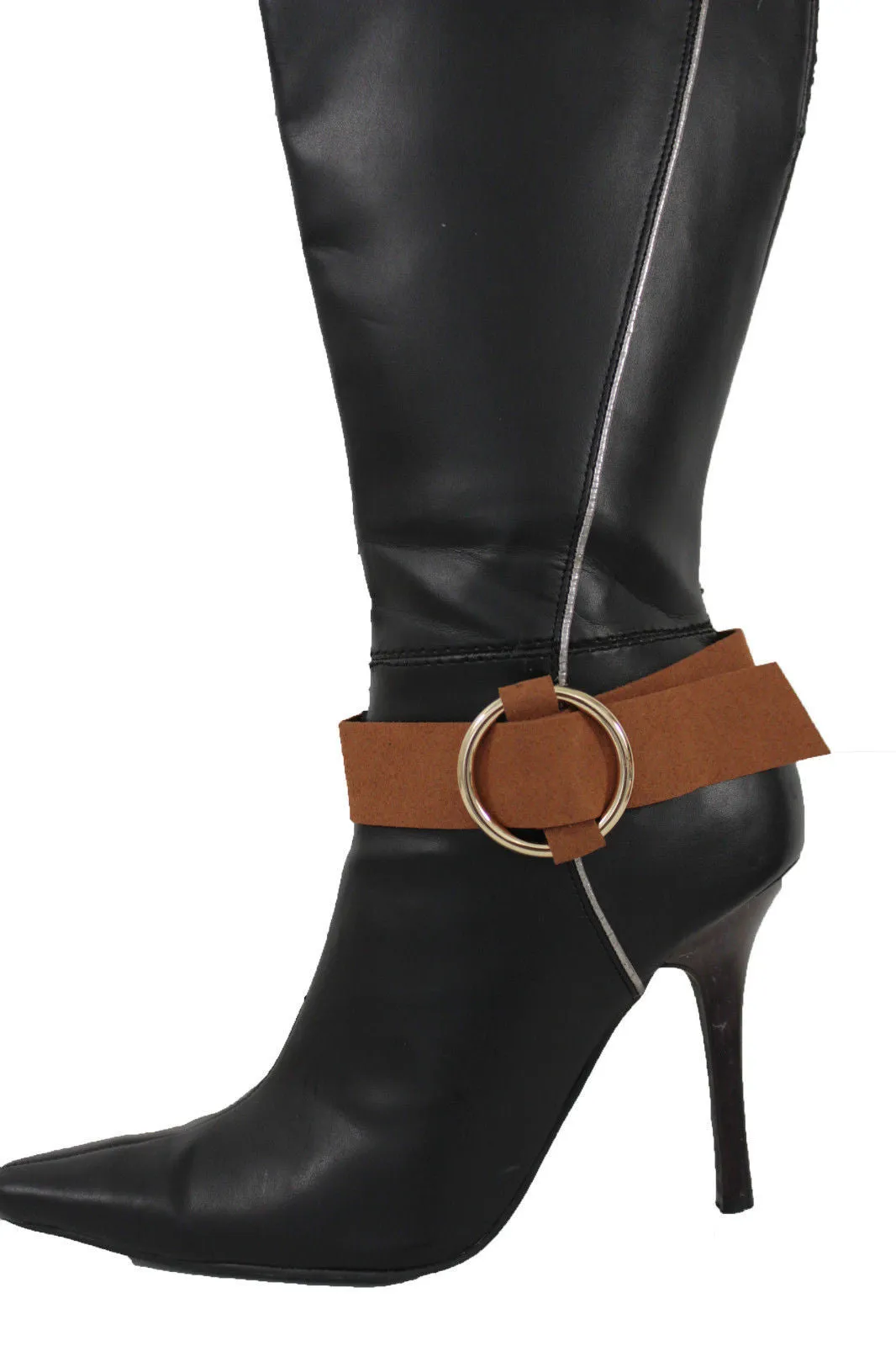 Faux Leather Fabric Strap Shoe Bling Gold Ring Buckle Hot Sexy Boot Bracelet