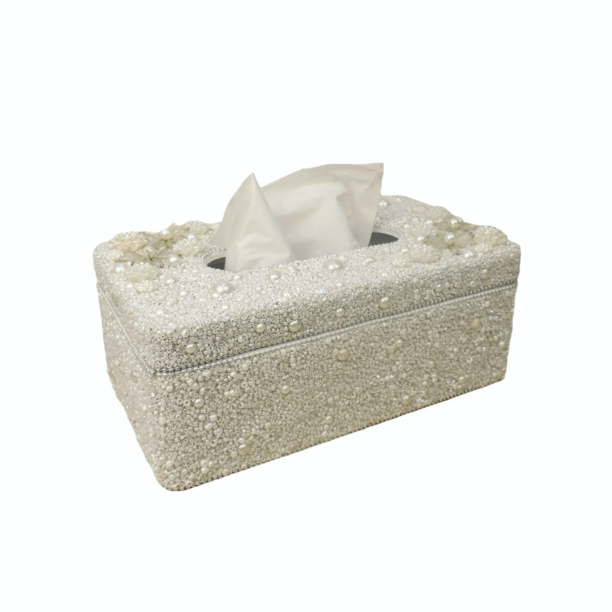 Floral Hand Beaded Tissue Box Holder in White