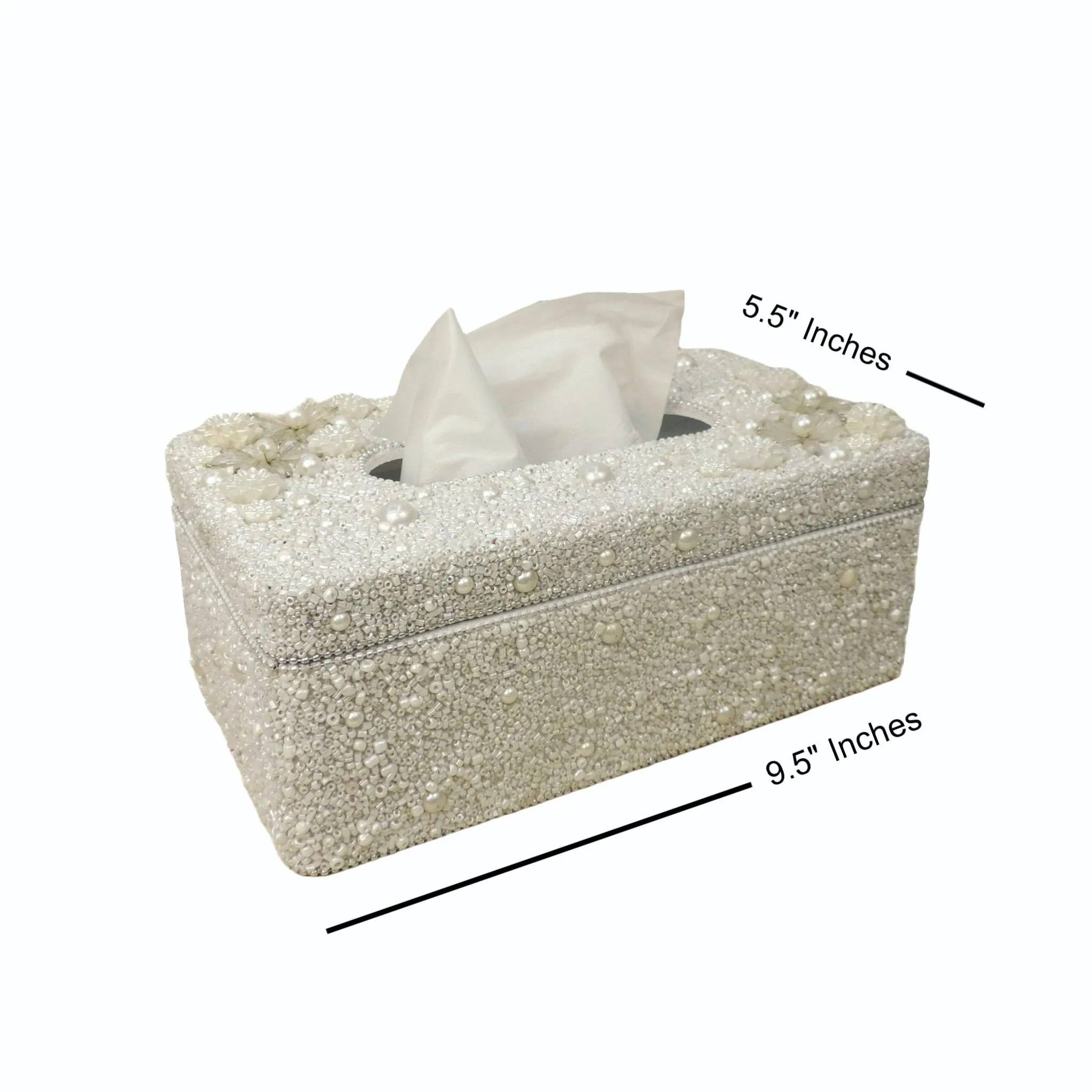 Floral Hand Beaded Tissue Box Holder in White