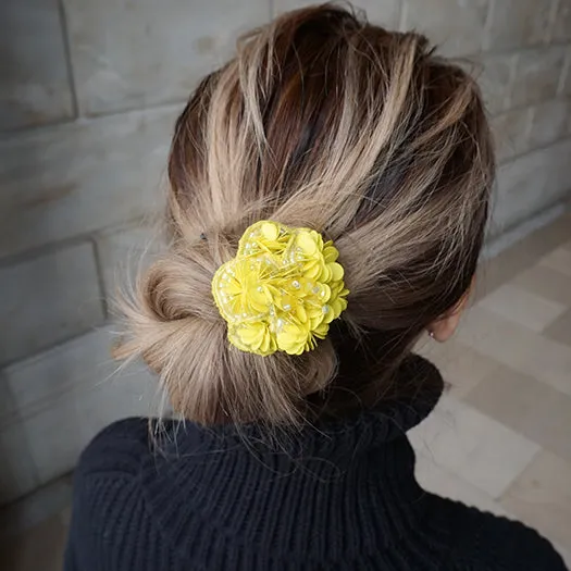 Flower Hair Tie or Barrettes Clips- Pink, Yellow or Blue-Sequence Embellish Embroidery