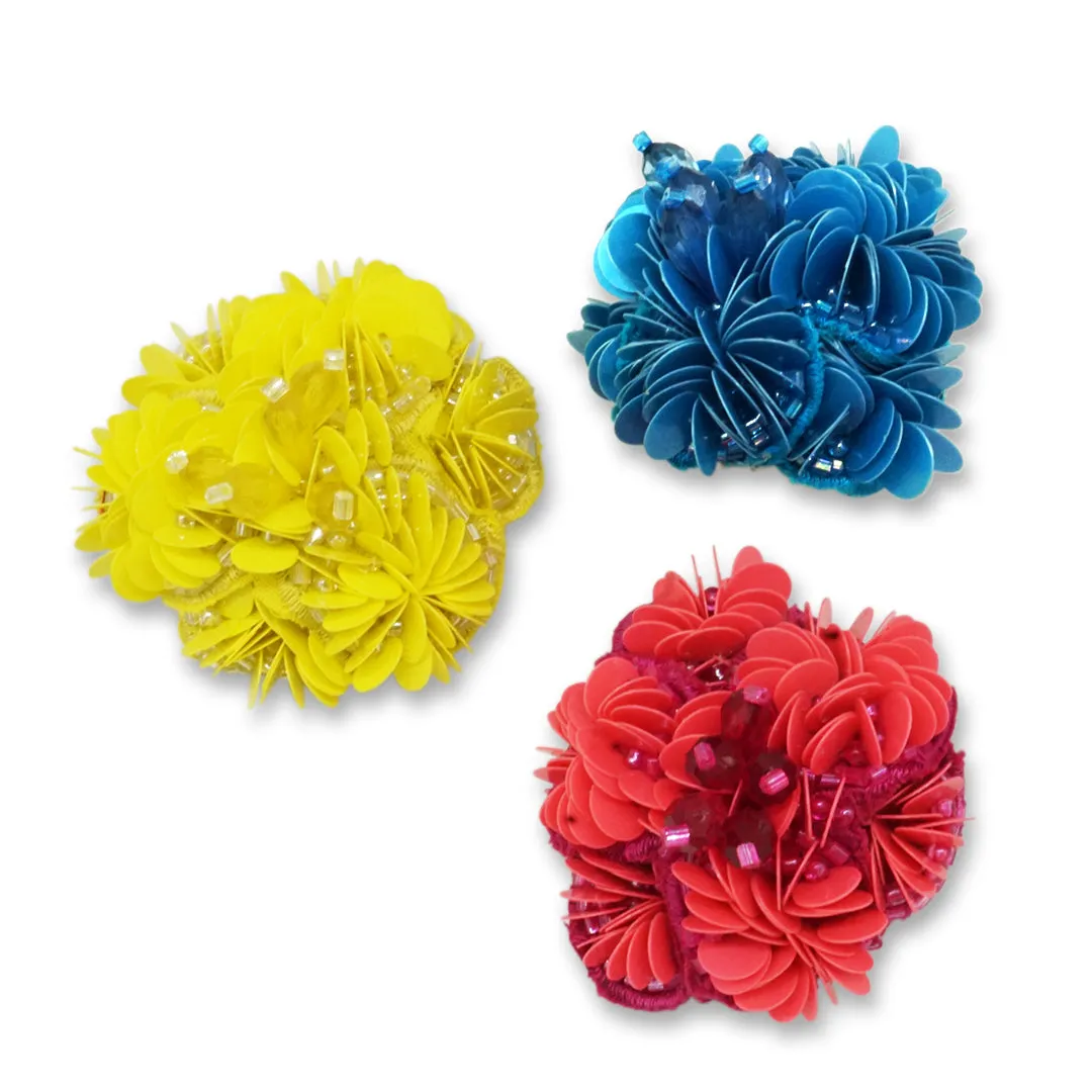 Flower Hair Tie or Barrettes Clips- Pink, Yellow or Blue-Sequence Embellish Embroidery