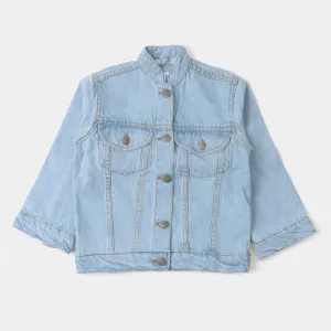 Girls Denim Jacket Mix Appliques - Ice Blue