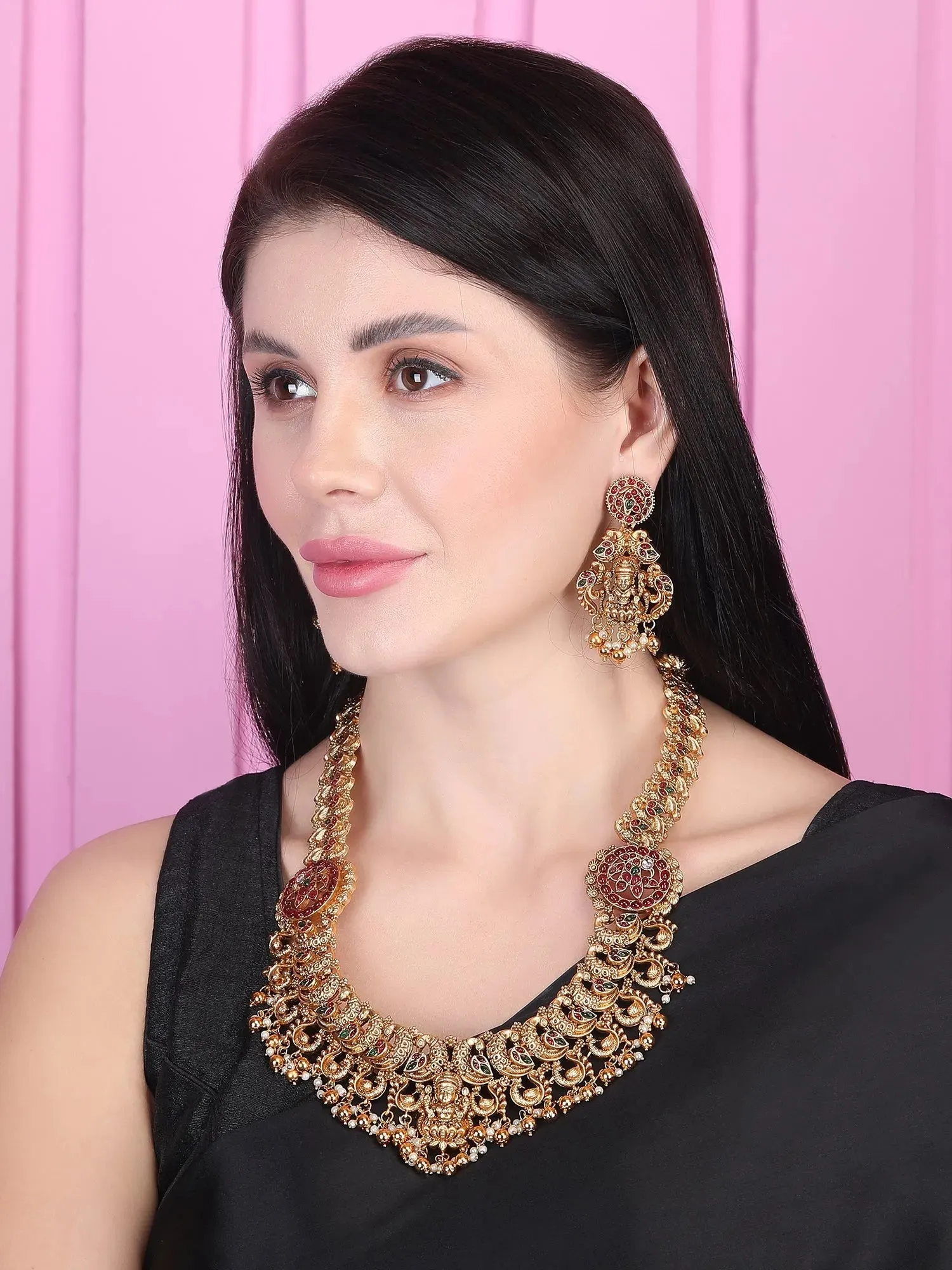 Gold Plated Mahalakshmi Long Necklace Set With Golden Beads | Handcrafted Haram Set