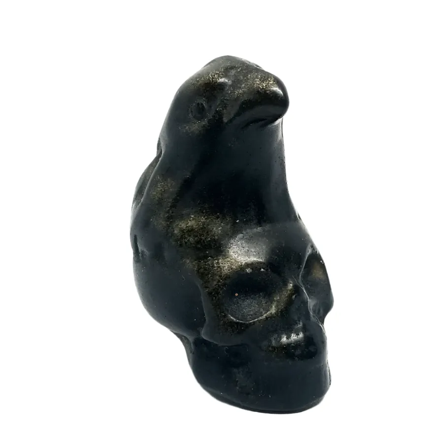 Golden Obsidian Crystal Skull and Raven Small Carving