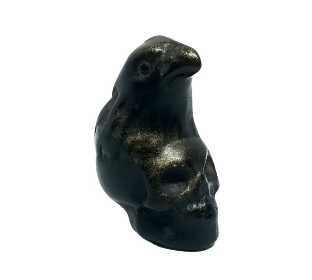 Golden Obsidian Crystal Skull and Raven Small Carving