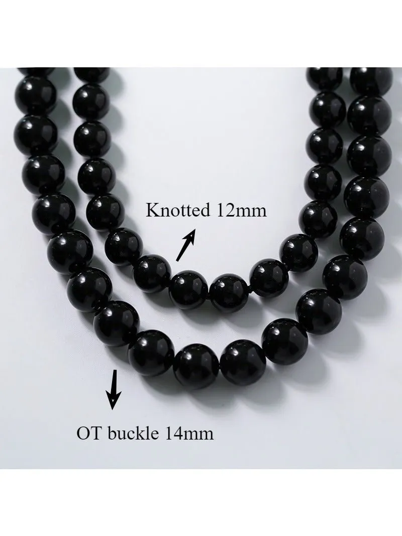 Knotted 12mm Black Onyx Beaded Necklace