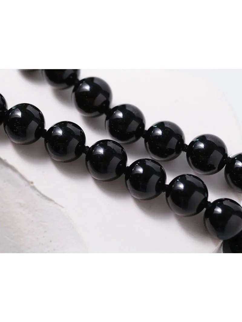 Knotted 12mm Black Onyx Beaded Necklace