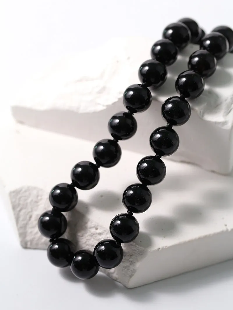 Knotted 12mm Black Onyx Beaded Necklace