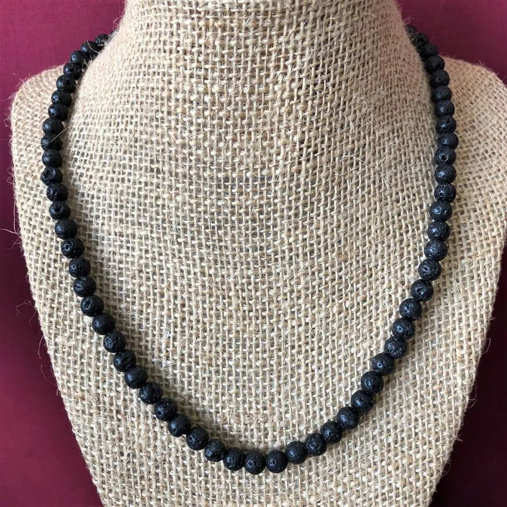 Mens Black Lava 6mm Beaded Necklace