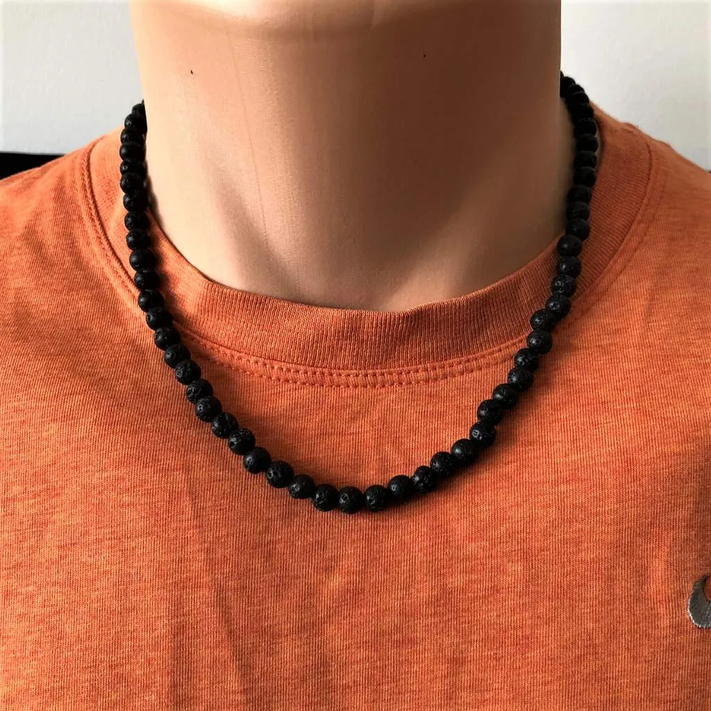 Mens Black Lava 6mm Beaded Necklace