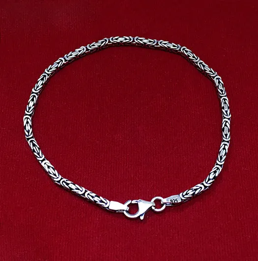 Men's Solid Sterling Silver Bracelet 4 mm Square Byzantine Chain