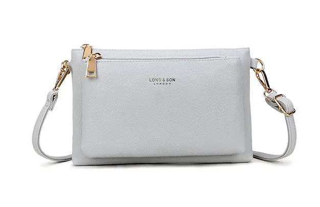 MULTI-POCKET CROSS BODY MESSENGER PURSE BAG WITH WRISTLET STRAP - LIGHT GREY