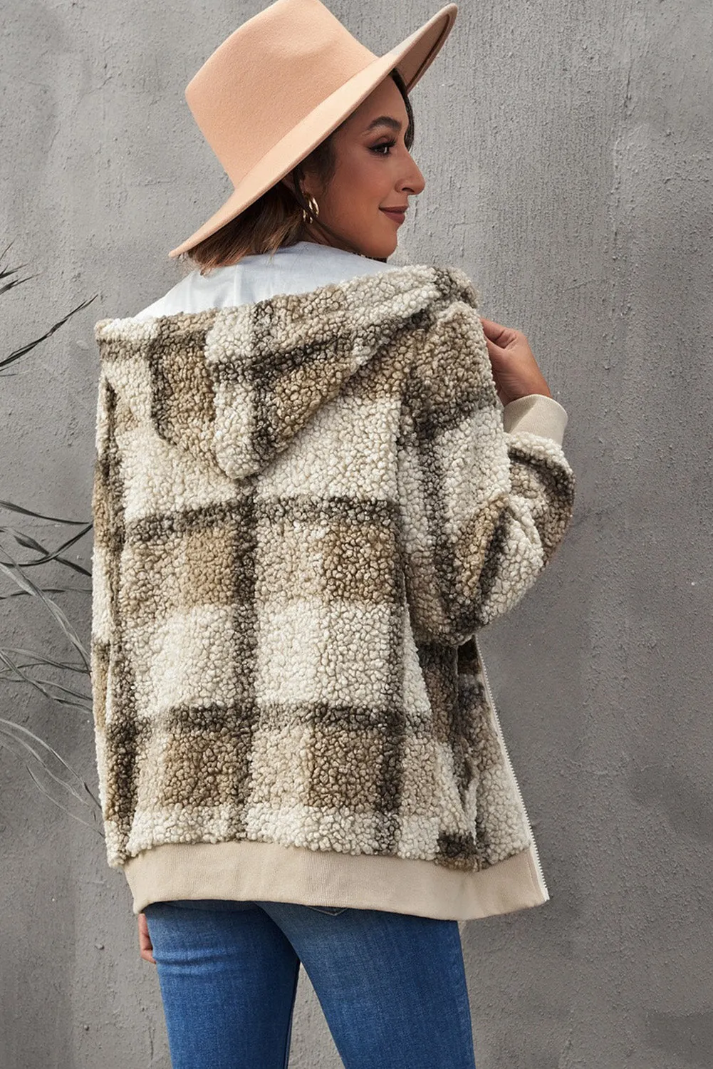 Plaid Fleece Hooded Coat