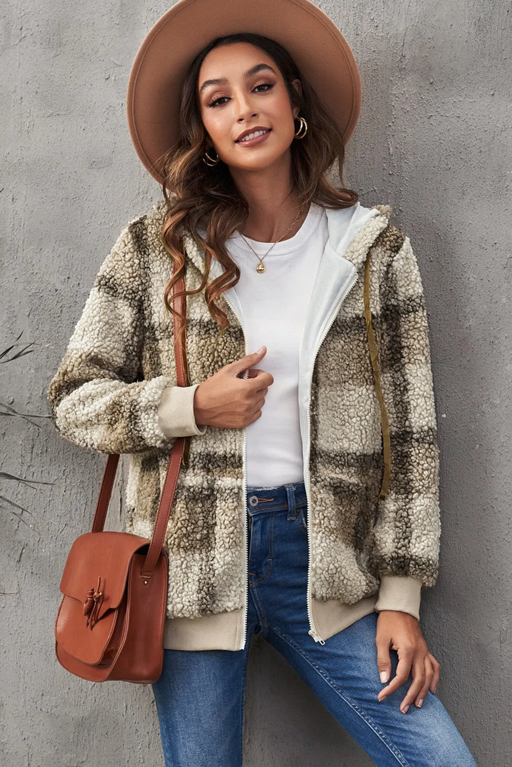 Plaid Fleece Hooded Coat