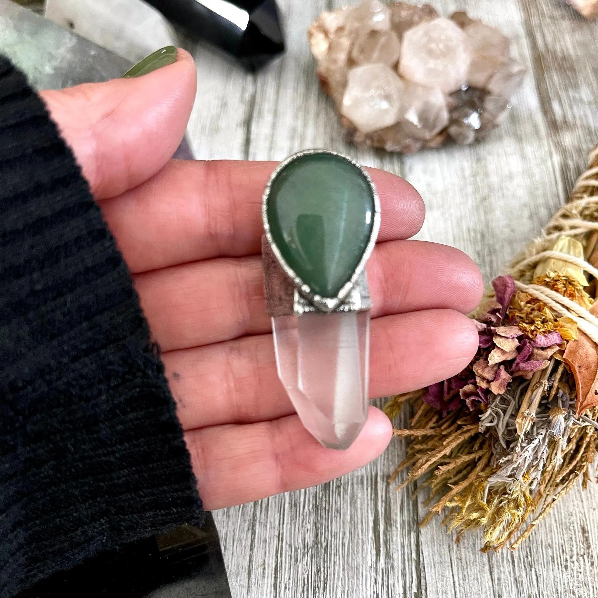 Raw Clear Quartz & Green Aventurine Crystal Statement Necklace in Fine Silver / Foxlark Collection - One of a Kind