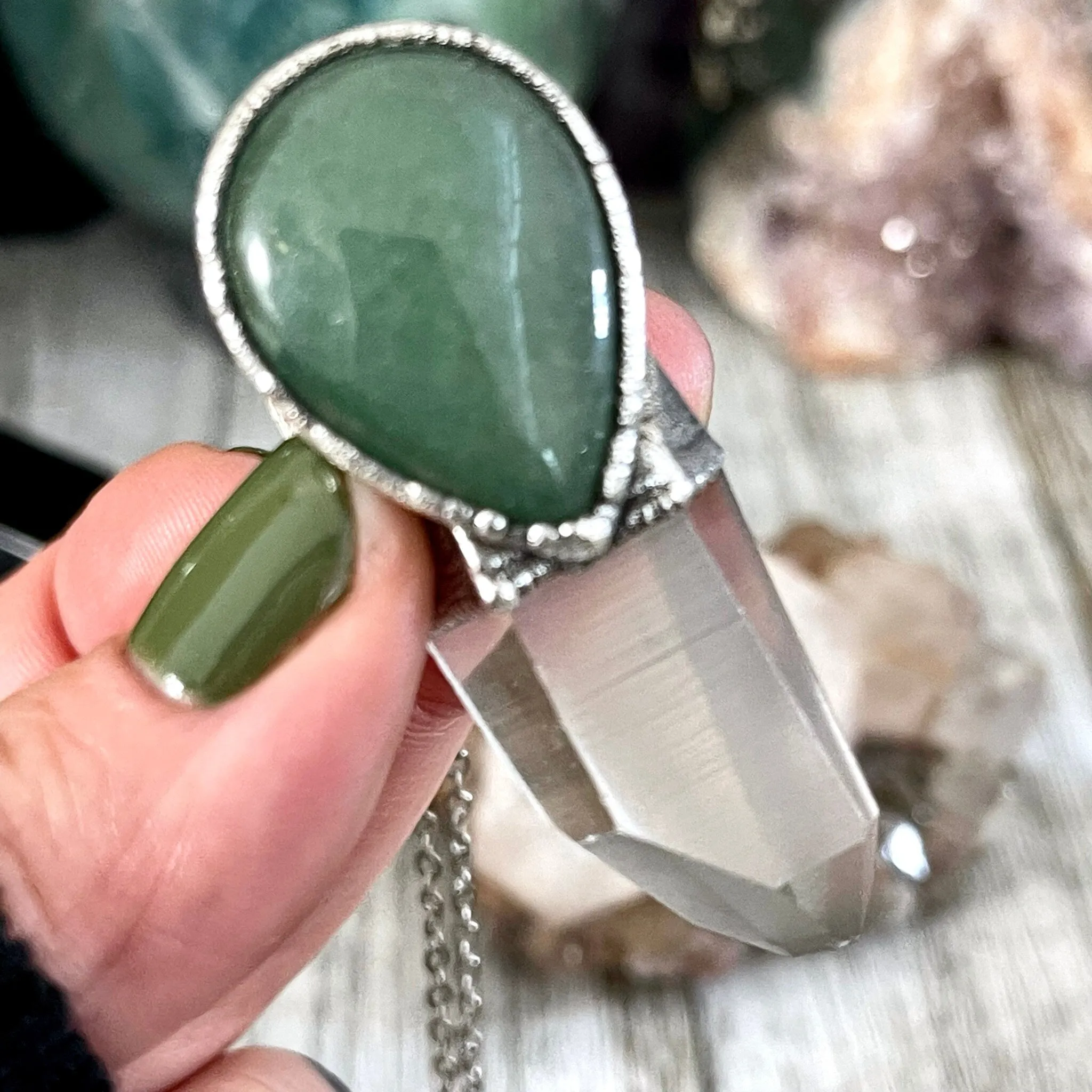 Raw Clear Quartz & Green Aventurine Crystal Statement Necklace in Fine Silver / Foxlark Collection - One of a Kind